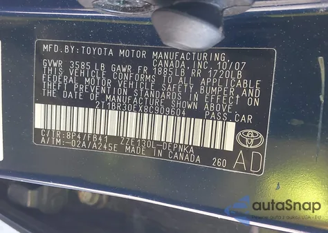 2008 Toyota Corolla Le from USA, damaged, VIN 2T1BR30EX8C909604